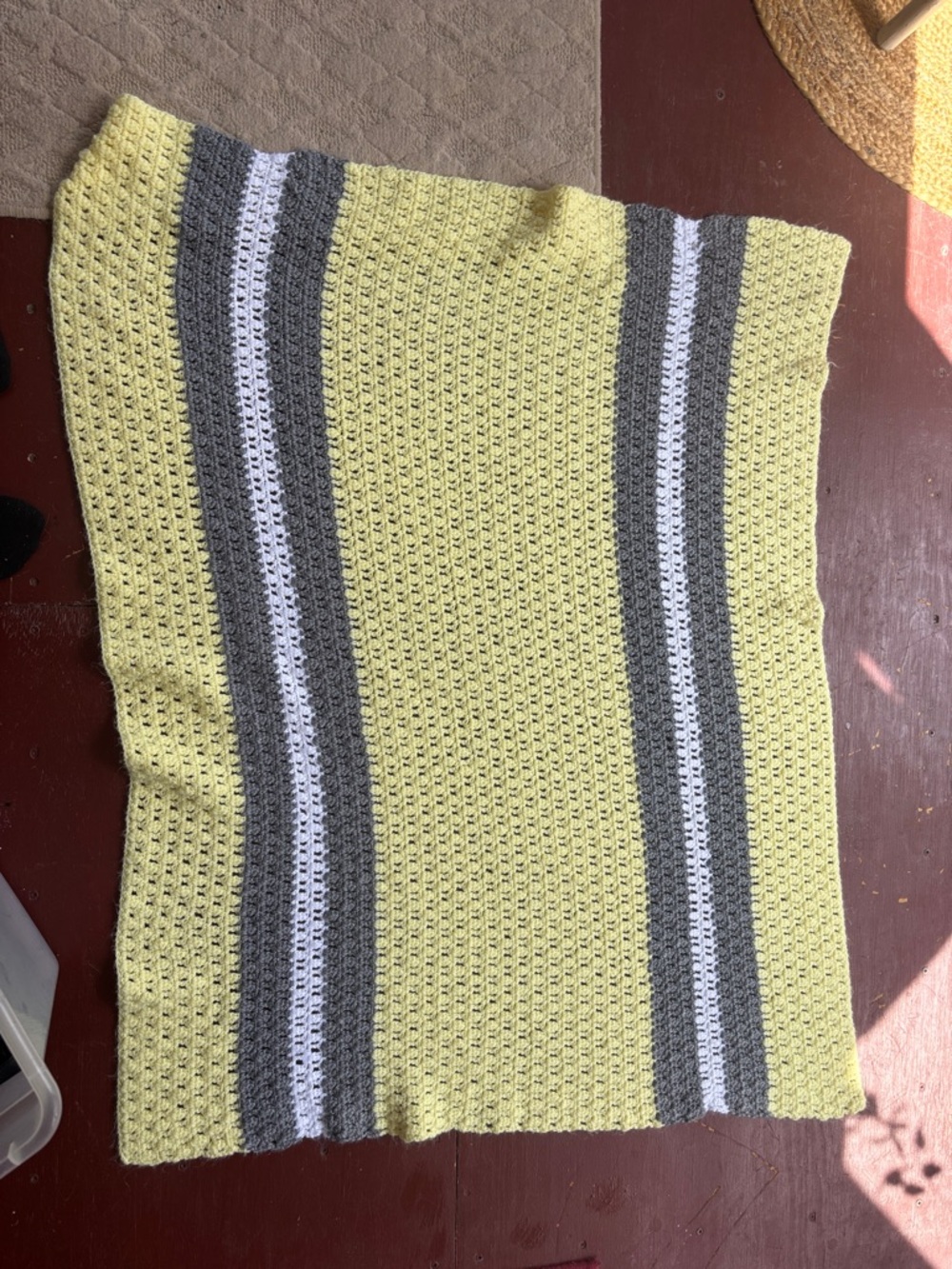 Handmade Crochet Baby Blanket - Yellow with Gray & White Stripes